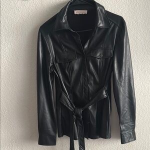 Philosophy Sleek Black Leather Jacket with Tie Belt